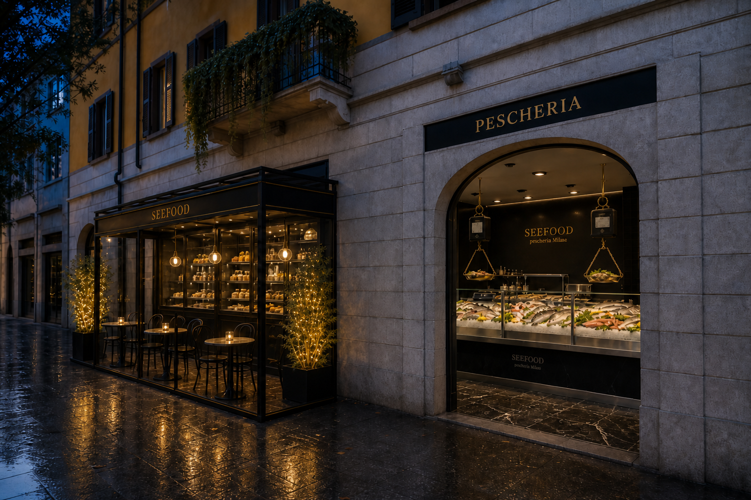 Facciata SEEFOOD su Via Spallanzani, due ingressi e dehor nord