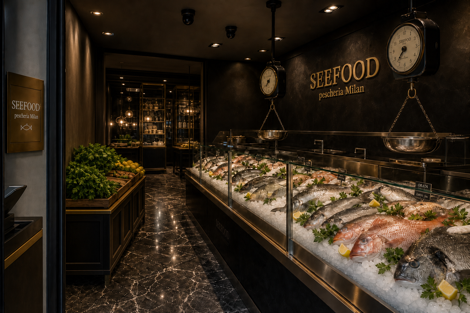 Ingresso pescheria SEEFOOD: banco a destra su ghiaccio, due bilance sospese, Live Counter