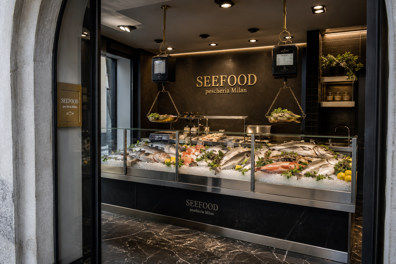 Banco pesce su ghiaccio visto dall’ingresso